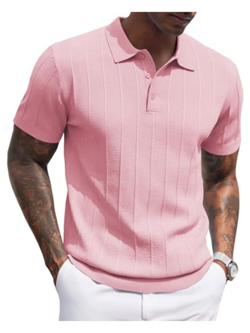 Men's Knit Polo Shirt Short Sleeve Ribbed Textured Lightweight Golf Collared